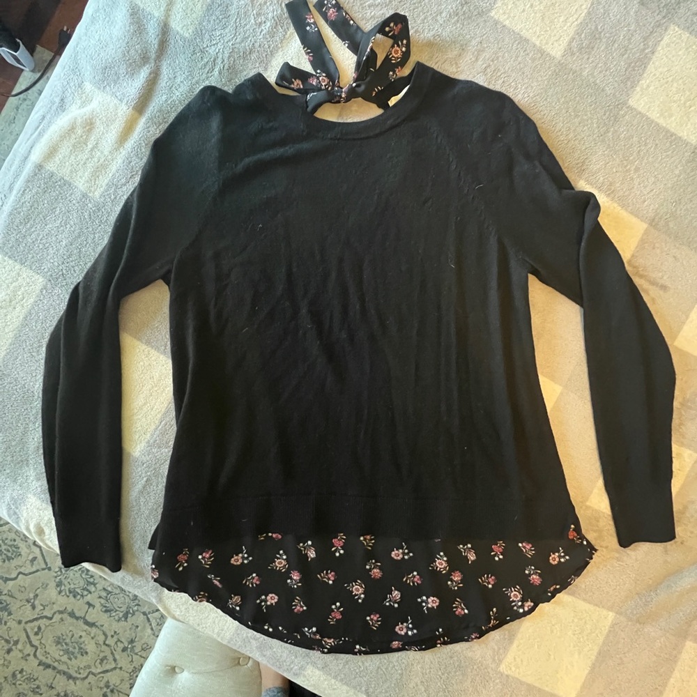 Black Long Sleeve Top with Floral Accents